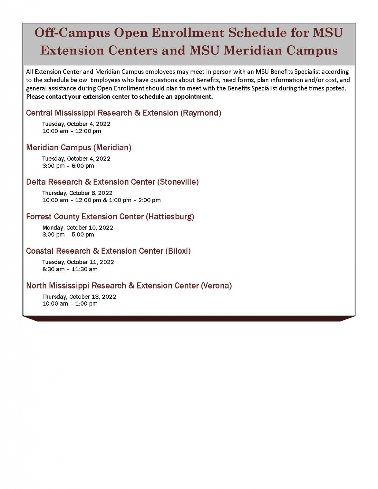 Schedule for Open Enrollment Sessions