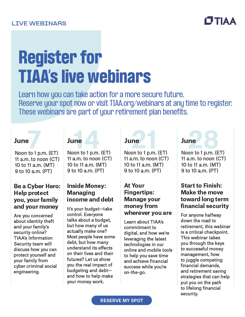 TIAA June Webinars - http://tiaa.org/webinars